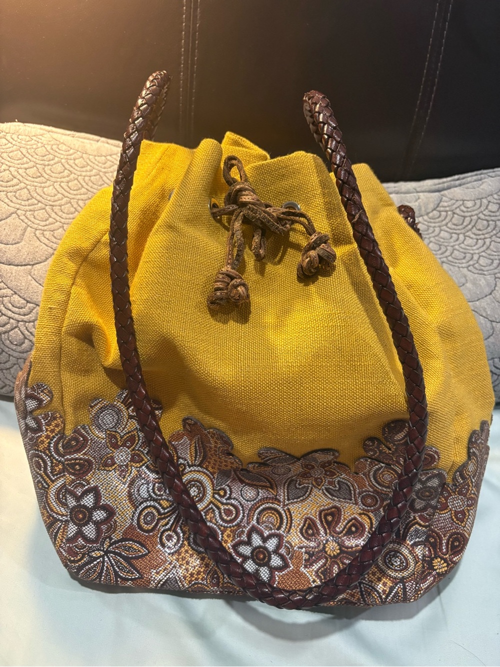 Mustard Yellow Floral leather Embroidered Drawstring Tote